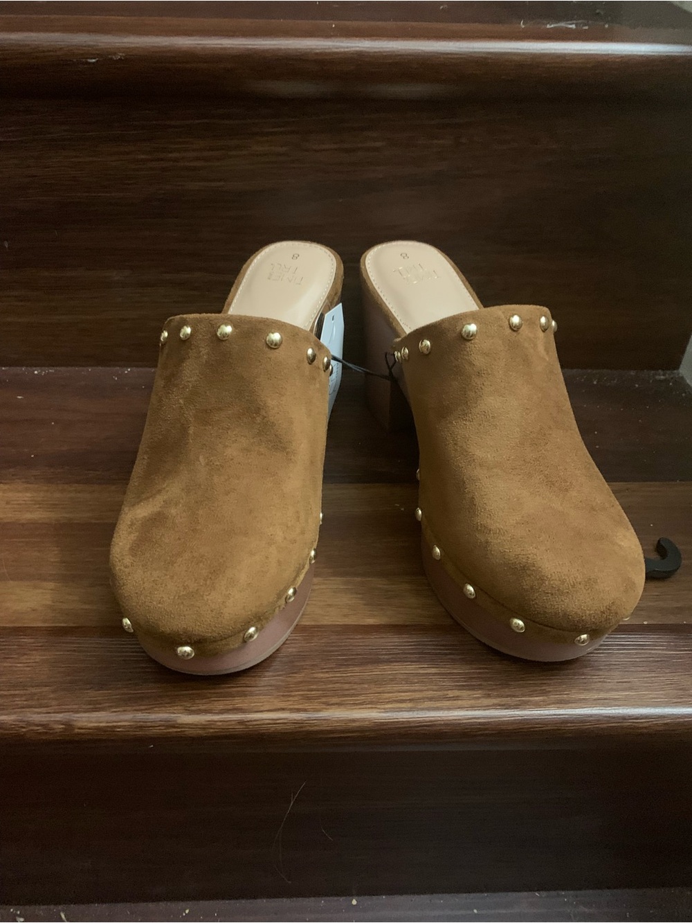 New woman’s Time and Tru Suede Tan Studded Clog Mules. Size 8